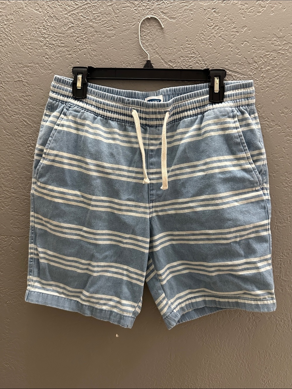Old Navy Light Blue and White Striped Swim Trunks